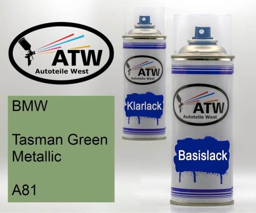 BMW, Tasman Green Metallic, A81: 400ml Sprühdose + 400ml Klarlack - Set, von ATW Autoteile West.